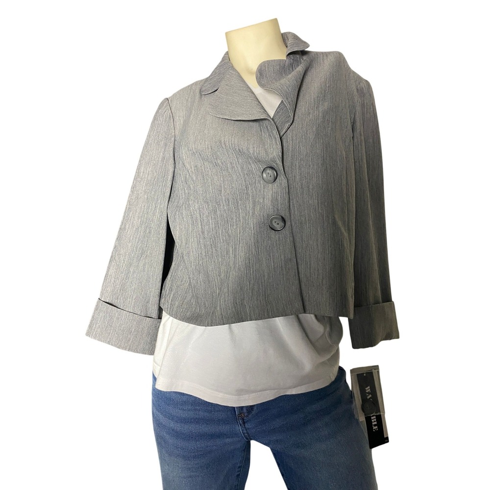 Perceptions New York Gray Blazer Jacket Womens Size 14 3/4 Sleeve Pink Lining